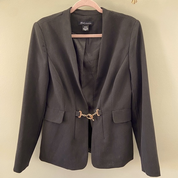 Women’s Black Flap Pocket Gold Waist Chain Clasp Chic Blazer - Picture 1 of 5